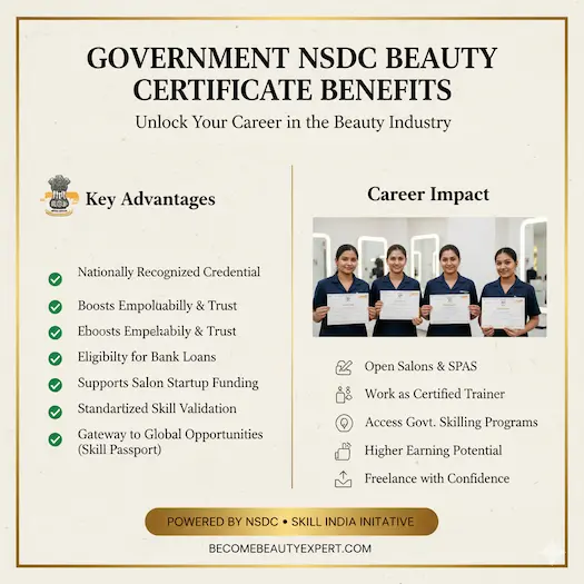 गवर्मेंट NSDC ब्यूटी पार्लर सर्टिफिकेट के बड़े लाभ 2026: ब्यूटी इंडस्ट्री में करियर शुरू करने की पूरी गाइड 2 Government NSDC Beauty Certificate Benefits