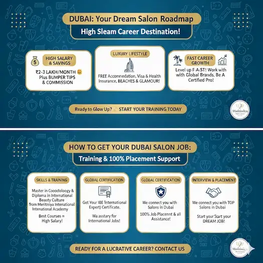 How to become a beautician in Dubai? How much can you earn by becoming a beautician in Dubai? 2 Dubai salon career benefits featuring high tax-free salary, luxury lifestyle, and international job placement by Meribindiya International Academy.