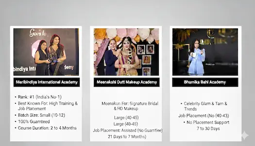 Which is the best between Bhumika Bahl Academy and Meenakshi Dutt Makeup Academy? 2 Comparison chart of top beauty academies featuring Meribindiya International Academy as India's No. 1 with 100% placement, Meenakshi Dutt Academy known for Signature Bridal & HD Makeup, and Bhumika Bahl Academy known for Celebrity Glam and Social Media Trends.
