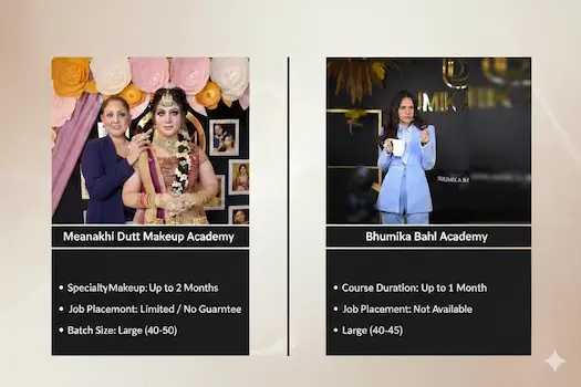 Which is the best between Bhumika Bahl Academy and Meenakshi Dutt Makeup Academy? 1 Comparison infographic between Bhumika Bahl Academy and Meenakshi Dutt Makeup Academy highlighting Best Known For features like Celebrity Glam, Social Media Trends, Signature Bridal, and HD Makeup.