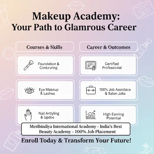 Top 10 Makeup Academies in India in 2025. Know complete details. 4 Meribindiya International Academy makeup courses, featuring skills like foundation, contouring, and eye makeup, with career benefits including 100% job placement and professional certification.