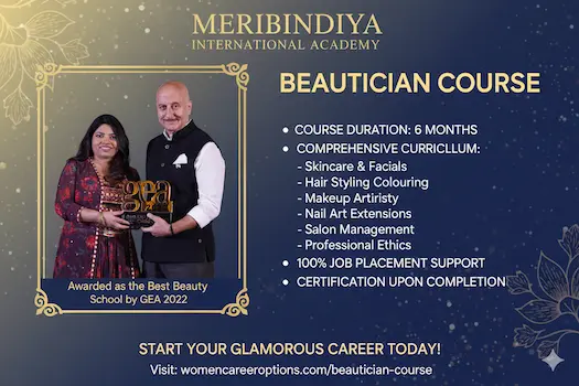 Meribindiya International Academy beautician course details with 100% job placement and course duration information.