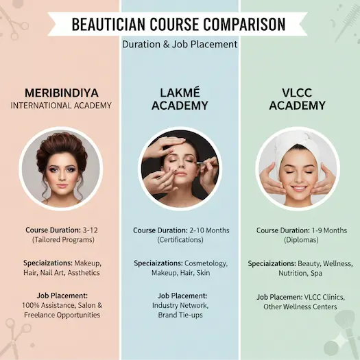 Beautician course comparison chart between Lakme Academy, Meribindiya International Academy, and VLCC Academy showing course duration, specializations, and job placement details.