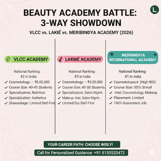 Comparison table of Meribindiya International Academy vs VLCC vs Lakme Academy showing rankings, fees, and placement rates